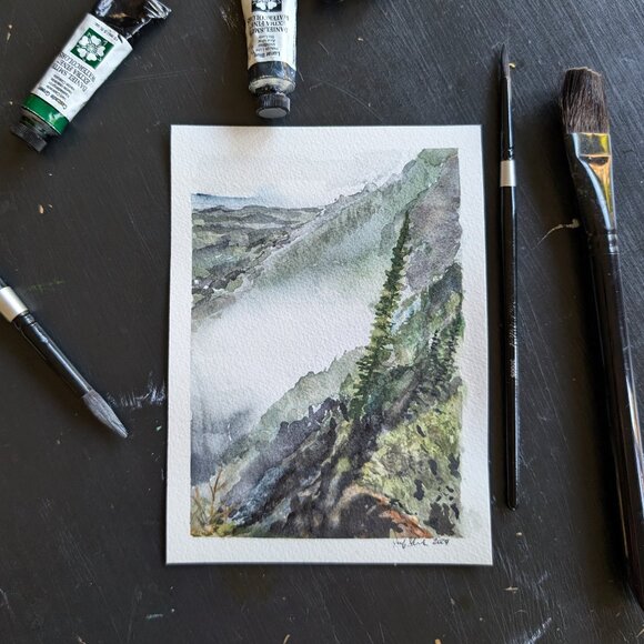 Original Watercolor 5x7" Painting Misty Mountain Nuʻuanu Pali Lookout, Oahu - Picture 1 of 4